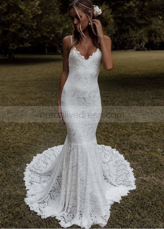 Spaghetti Straps Ivory Lace Open Back Classic Wedding Dress